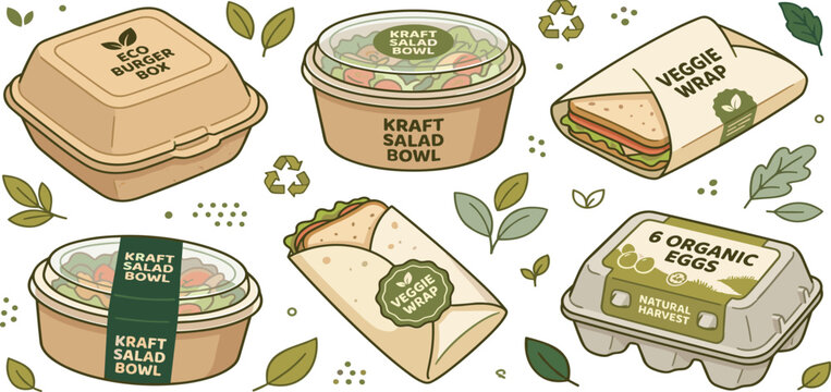 Eco friendly kraft paper food packaging set with salad bowls burger box veggie wraps and egg carton vector illustration.