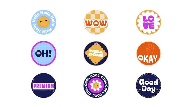 Retro funky branding sticker pack animation. Nostalgic 70s labels. Cheerful vibe. Isolated animated circle badges. Digital marketing. Online promotion. Advertising video overlay elements collection