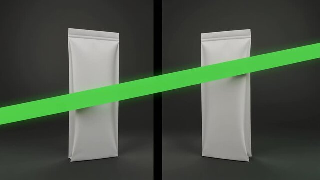 Seamless loop of a white matte stand-up pouch packaging with green diagonal stripe, highlighting product presentation, symbolizing promotion