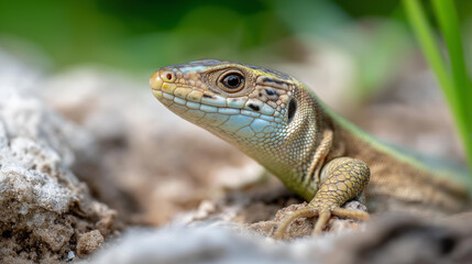 Fototapeta premium Macro close-up of an Italian wall lizard in portrait view showing fine scale detail, European reptile wildlife photography concept, lizard portrait, nature close-up, defocused background,