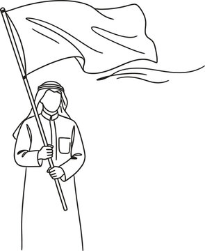A man in traditional middle eastern clothing holding a flag on a white background in a line drawing style