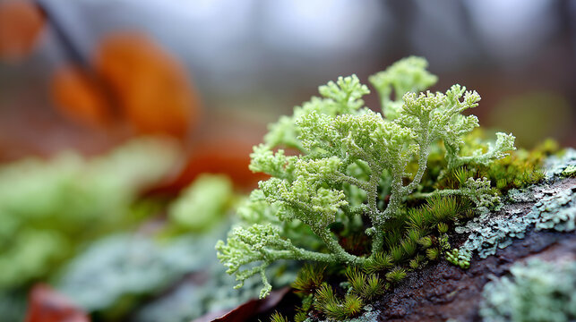 Macro close-up of green lichen growing on a surface in soft natural light, botanical texture photography concept, lichen close-up, forest surface detail, defocused background, with copy