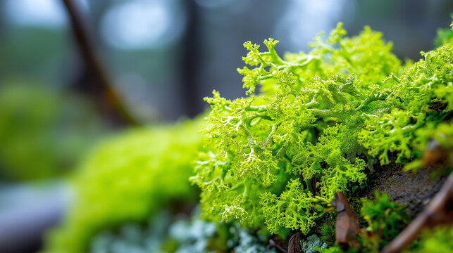 Macro close-up of green lichen growing on a surface in soft natural light, botanical texture photography concept, lichen close-up, forest surface detail, defocused background, with copy