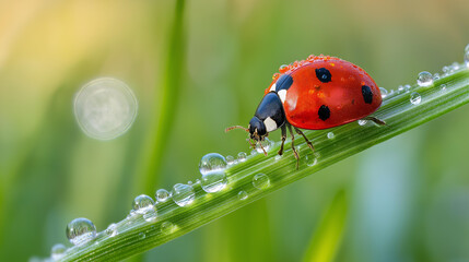Fototapeta premium Close-up of a vivid ladybug crawling on a dew-covered grass blade with droplets reflecting sunlight, garden insect photography concept, ladybug illustration style, bright nature macro,