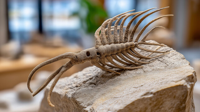 Macro close-up of sea lily fossils embedded in a geological museum specimen, paleontology photography concept, fossil texture detail, geological close-up, with copy space