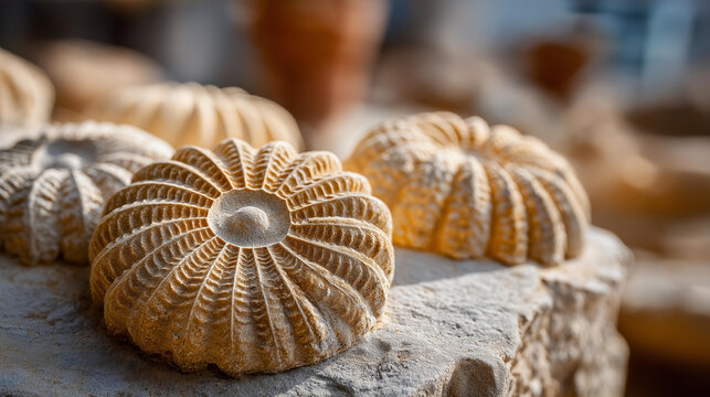 Macro close-up of sea lily fossils embedded in a geological museum specimen, paleontology photography concept, fossil texture detail, geological close-up, with copy space
