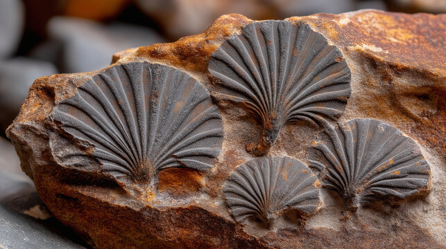 Macro close-up of sea lily fossils embedded in a geological museum specimen, paleontology photography concept, fossil texture detail, geological close-up, with copy space