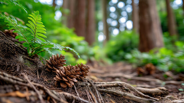 Close-up of a forest path showing pine cones, roots and leaf litter at low ground level, forest floor nature photography concept, low-angle ecology, environmental detail, defocused