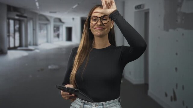 Woman holding tablet touches forehead with finger forming l gesture in empty building; playful confidence.