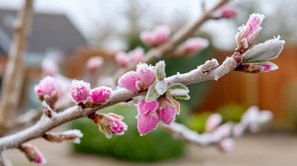 Naklejka premium Close-up of a spring garden with frost melting on early flower buds, seasonal transition photography concept, spring frost close-up, garden awakening, defocused background, with copy space