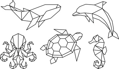 Geometric marine animals set, origami whale dolphin turtle octopus seahorse vector illustration, minimalist line art collection on transparent background © Tanya