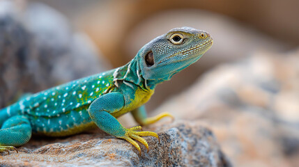 Fototapeta premium Close-up of an Eastern collared lizard on rocky surface with scales and colors visible, reptile wildlife photography concept, lizard close-up, nature macro, defocused background, with copy