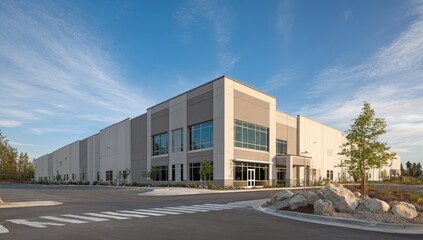Obraz premium Modern industrial warehouse with large windows and surrounding landscaping