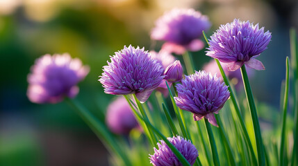 Fototapeta premium Close-up of purple chive blossoms at golden sunset hour, garden flower photography concept, chive bloom close-up, purple nature background, defocused background, with copy space