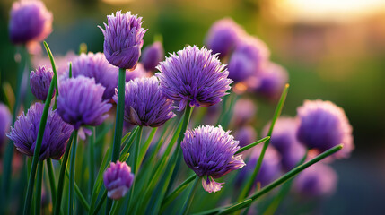 Obraz premium Close-up of purple chive blossoms at golden sunset hour, garden flower photography concept, chive bloom close-up, purple nature background, defocused background, with copy space