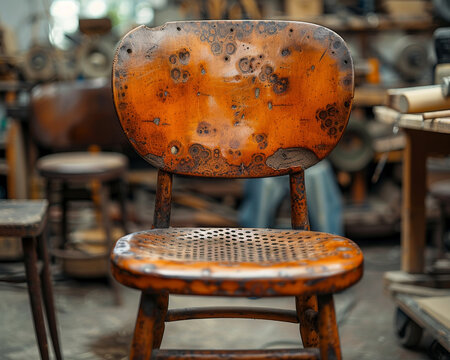 Empty worn wooden chair in craftsman workshop, emotional Father&rsquo;s Day remembrance concept, hard-working artisan legacy, rustic labor lifestyle and absence of a storytelling scene