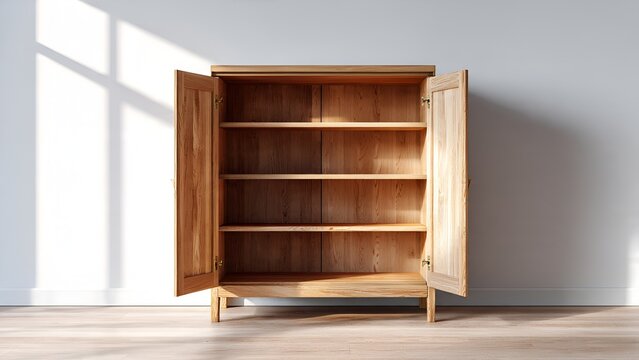An empty, light-colored wooden cabinet with doors ajar, illuminated by natural light casting
