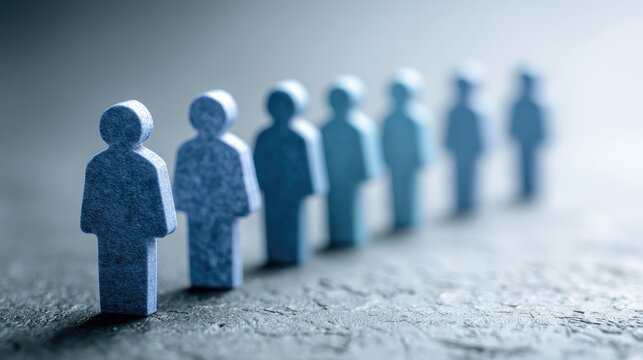 A lone, textured blue figure leads a line of identical, smoother figures