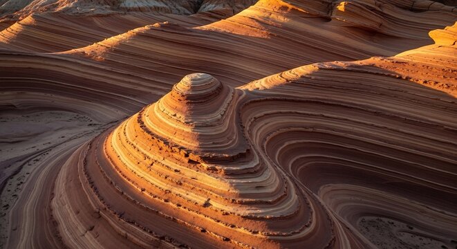Golden Hour Sunlight Illuminates Swirling Sandstone Formations in a Desert Landscape.