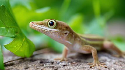 Fototapeta premium Close-up of a gecko on a natural surface in a garden setting, lizard wildlife photography concept, gecko macro close-up, nature reptile detail, defocused background, with copy space