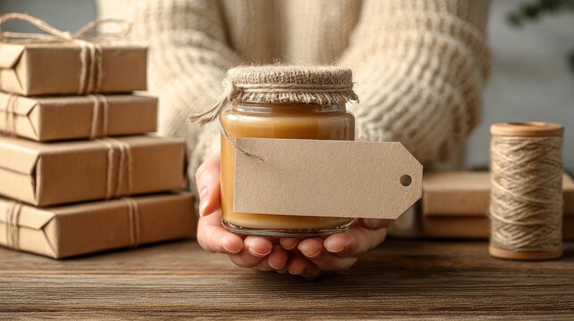 Hands holding jar of honey with gift-wrapped packages and twine spool