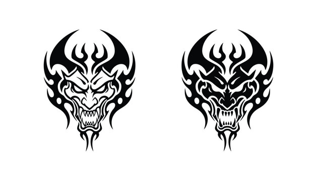 Demonic tribal mask with fangs and horns vector illustration set