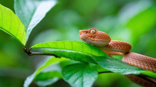 Close-up of a venomous bush viper snake coiled in a rainforest, exotic reptile photography concept, wild snake close-up, tropical wildlife macro, defocused background, with copy space