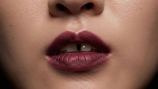 Close up of a womans lips with dark lipstick and a gap between her teeth.