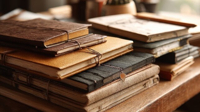 Cozy desk scene featuring a stack of writing journals in warm natural light