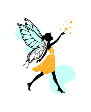 Fairy Silhouette Vector Illustration with Magic Stars and Butterfly Wings