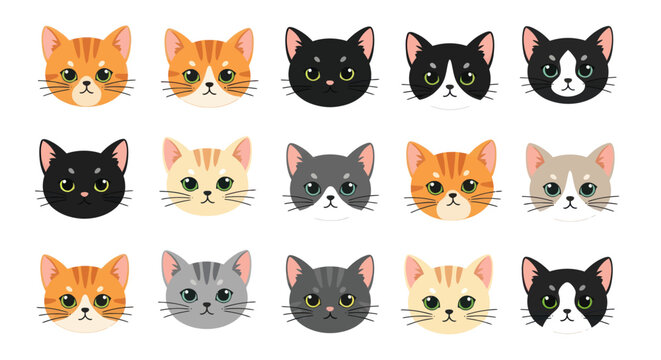 Collection of cartoon cat faces variety.