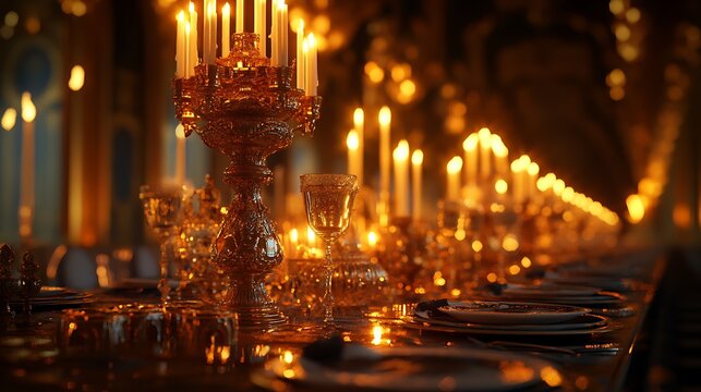 Elegant candlelight dining setting, luxurious golden light illuminating long table