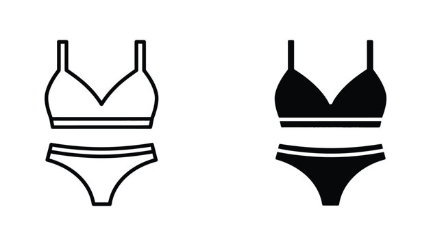 Womens lingerie set icon including bra and panty in black outline and solid silhouette style for fashion and retail branding