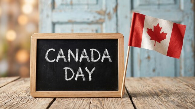 A rustic wooden scene featuring a small chalkboard with "CANADA DAY" handwritten in chalk, accompanied by a Canadian flag on a wooden table with a soft bokeh background. 