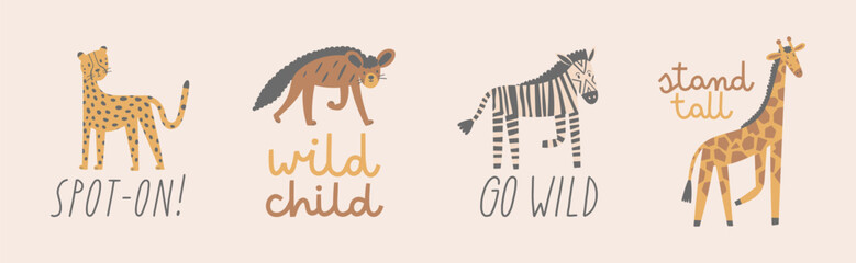 African safari animals sticker set with lettering quotes. Cute flat hand drawn nursery characters. Giraffe, cheetah, zebra and hyena. Perfect for prints, wildlife projects, and kids designs. © Veronica