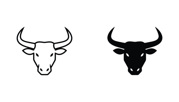 Bull head silhouette vector set featuring powerful horned animal design in solid black and clean outline style for sports branding and livestock agriculture concepts