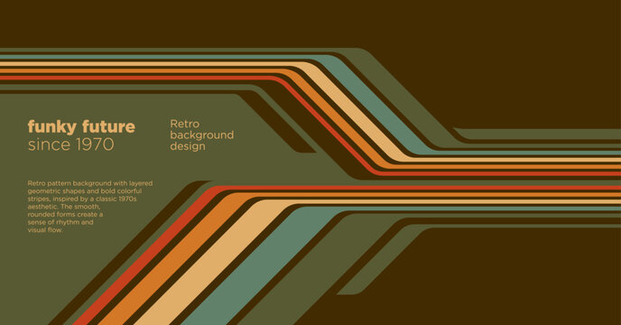 Retro futuristic background with layered color stripes and geometric curves in vintage 70s style. Vector illustration.