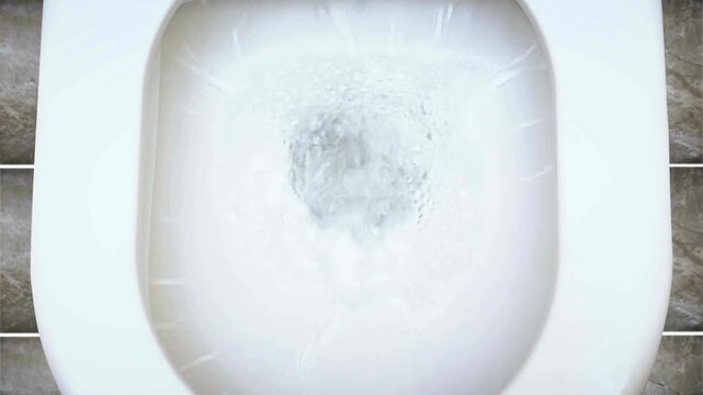 A stream of clean fresh water from the plumbing drains fresh water. ensure neat bathroom toilet bowl isolated on blue background. Enjoy. background 4K loyalty text