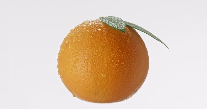Seamless Loop of Rotating Fresh Orange with Leaf  and water droplets Isolated on off White Background