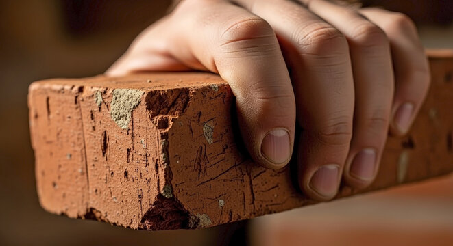 Human hand grips rough brick, builder with brick demonstrates masonry skill. Close up shows textured red clay brick, representing construction work by builder with brick.