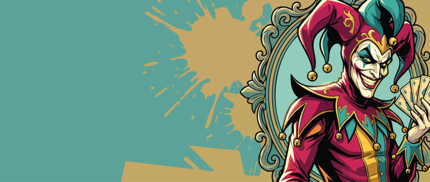 Evil Joker with Cards on Ornate Mirror Background