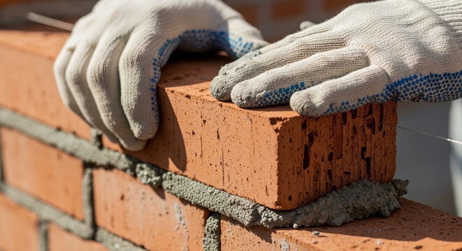 Close up of man laying bricks with gloved hands, precisely positioning red clay brick on fresh mortar. Construction worker carefully completes brickwork, demonstrating skill in building project.