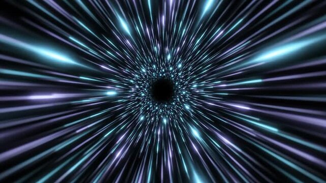 Abstract motion of glowing blue and purple light streaks during hyperspace travel in deep space.
