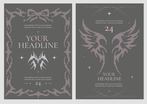 Minimal Cyber Gothic Vector Posters in 2YK Aesthetic. Acid Graphic Design Templates with Tribal Elements, Futuristic Wings and Dark Editorial Style
