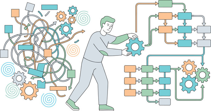 Business professional transforming complex messy workflows into organized systematic processes using gears and structured flowchart diagrams for efficiency.