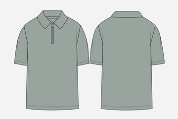 Men's zip neck polo shirt flat sketch, short sleeve top technical drawing front and back view. Quarter zip polo shirt vector illustration, blank apparel template front and back. © Abdullah