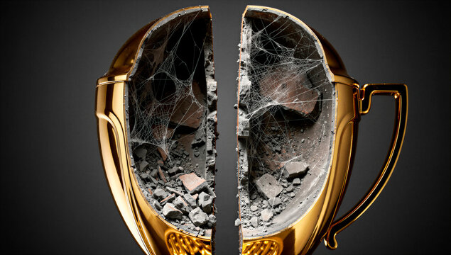 Symbolic golden trophy, deeply fractured and filled with desolate rubble and cobwebs, representing internal decay, lost efficiency, and the hidden costs of perceived success