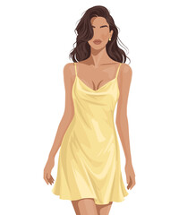 Naklejka premium Elegant Woman in Butter Yellow Silk Slip Dress, Modern Fashion Illustration, Isolated on Transparent Background PNG, Minimalist Aesthetic Art for Luxury Branding and Summer Lifestyle