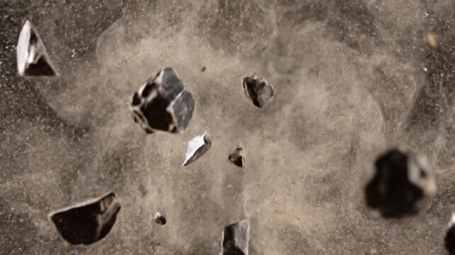 Powerful dark rock fragments explode, dynamic dust cloud and debris field emerge from impactful explosion. Chaotic movement frames an energetic scene