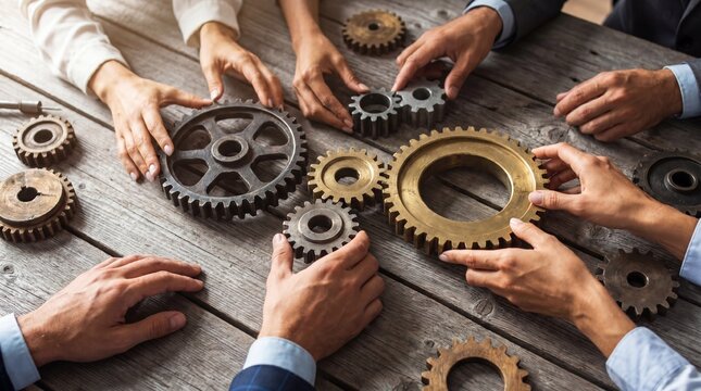 Diverse business people's hands carefully arranging various metal gear components on a light wooden table.